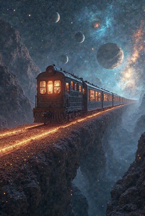 "Realistic surreal wallpaper of a vintage train floating in outer space, following a glowing track made of stardust between gala...