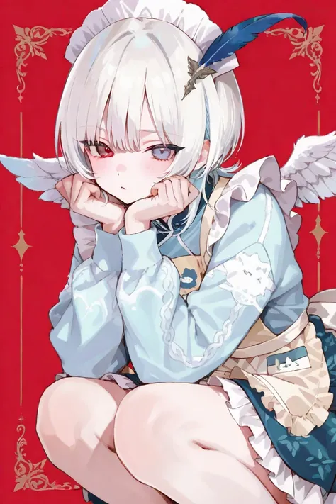 Cute pattern, pretty girl with white hair, bangs, wolf cut hair, small half twin, red, eye color: light blue jersey, apron with ...