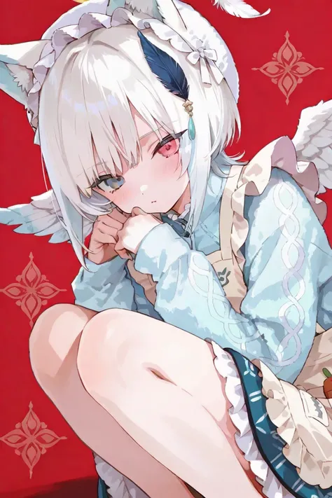Cute pattern, pretty girl with white hair, bangs, wolf cut hair, small half twin, red, eye color: light blue jersey, apron with ...