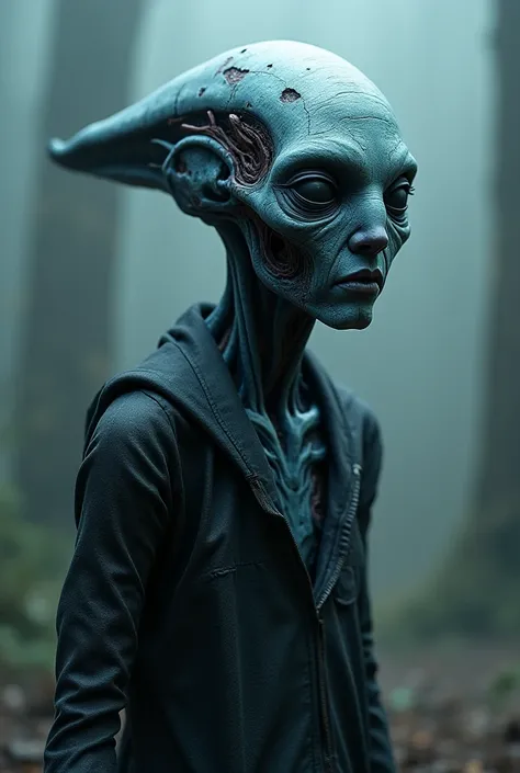 Make a human with torn skin in a blue tone with worn clothes that are scary, and that also looks a little deformed and that has ...