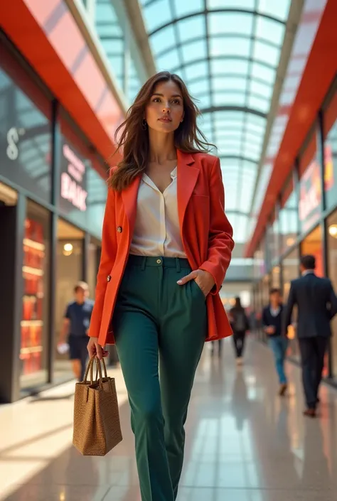 Create this woman with clothes at a mall