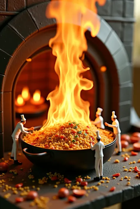 In a miniature world very tiny chefs wearing white uniform and caps standing nearby a very very large pot of chicken Biriani in ...