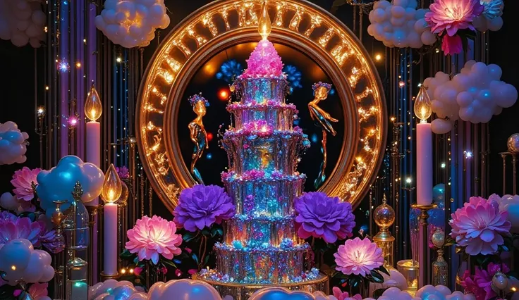 A dazzling three-tiered birthday cake in a fantastical, artistic shape, designed with an ultra-bright, vibrant color palette usi...