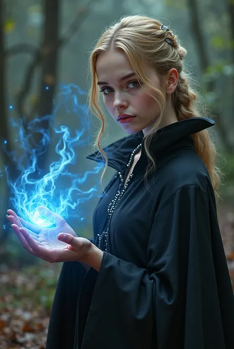 Masterpiece, 24, young seductive blonde female Witch apprentice, soft Skin, Perfect face, flames in brown eyes, black cloak, co...