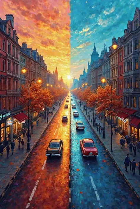 vertical line in the middle** that separates the painting into two equal halves, with a simple merger at the border to create a ...