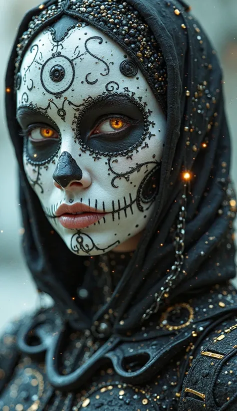 Front face of a futuristic woman A face adorned with makeup or complex, resembling a decorated skull, art often associated with ...