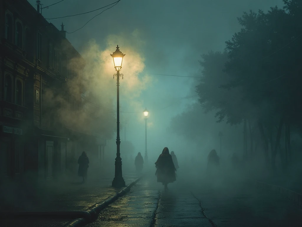 There is smoke everywhere and the light of a street lamp is reflected and nothing can be seen because of the smoke.