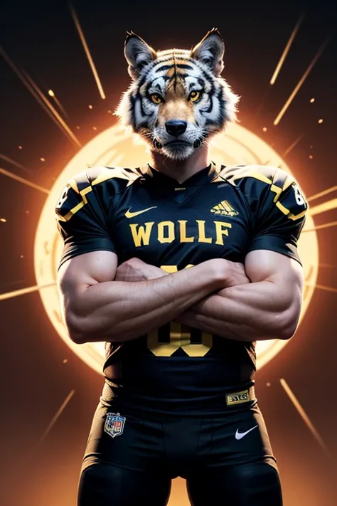 Wolf mascot of a football team. The tiger is wearing a black and yellow uniform. Black, yellow shirt and neck with vertical stri...