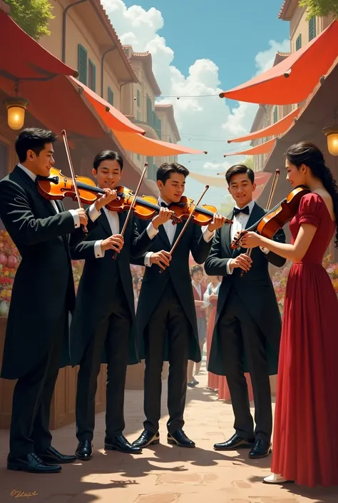 Generate an image of 6 men dressed very elegantly
2 of these men must be playing the violin
The other four men must be singing...