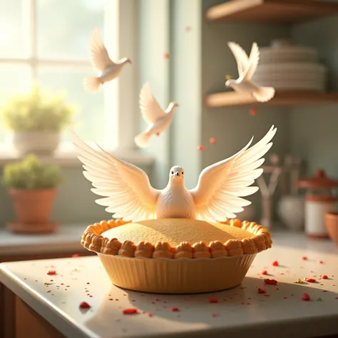 Lac St Jean pie with angel wings in a kitchen with flying doves