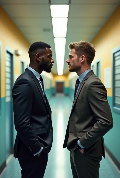 Create an image of two men facing each other in a school corridor, they look at each other with connection and passion with a lo...