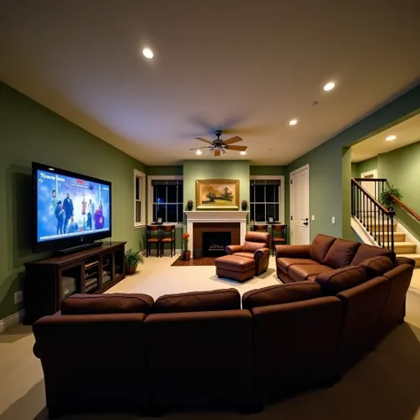 a noite, In the interior of a large traditional American house, simple walls painted light green, large cozy brown sofa in L, ma...