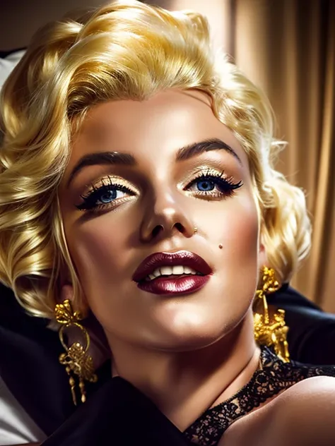 erotic , a girl with a face like Marilyn Monroe wearing a black satin kimono, beautiful blonde hair, sleeps on a luxurious bed s...