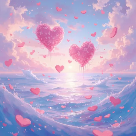 a painting of a sea with pink hearts floating in the water, stream of love and happiness, dreamy and romantic, falling hearts, d...