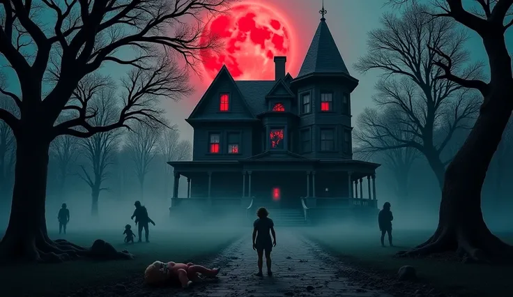 A decaying Victorian mansion under a blood-red moon, surrounded by gnarled, leafless trees. Thick fog rolls across the ground, p...