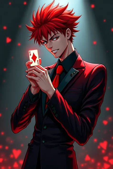 A picture of Hisoka holding the king's playing card