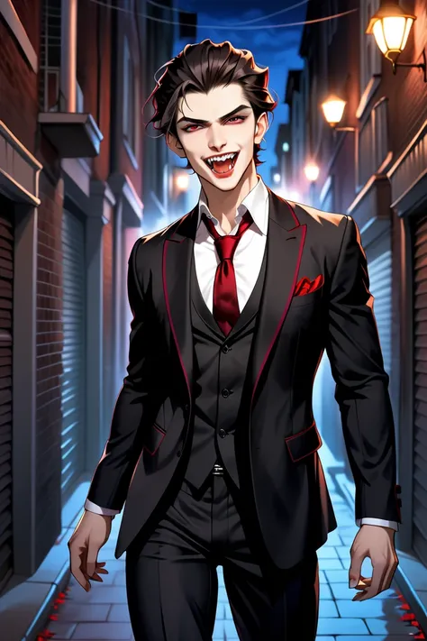 an attractive 23-year-old vampire with fangs, his expression is serious I bet he's in an alley in the city, At night time, Your ...