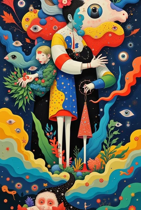 "Cubist style artwork in oil with bright Picasso style colors, Miró and Surrealist Dalí style
