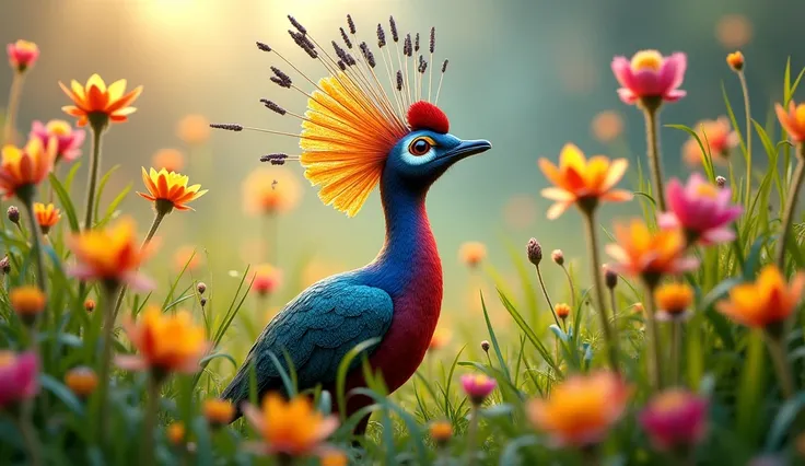 Lyrebird sings in the grass with flowers.Close-up