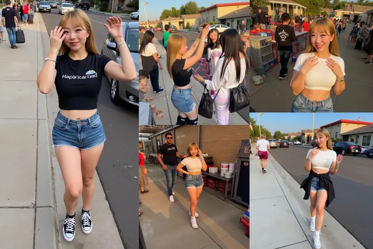 Collage, a cute woman (shorts, nice hair, odd makeup, short tee shirt, jacket tied at waist, no hat, high top sneakers) is enjoy...
