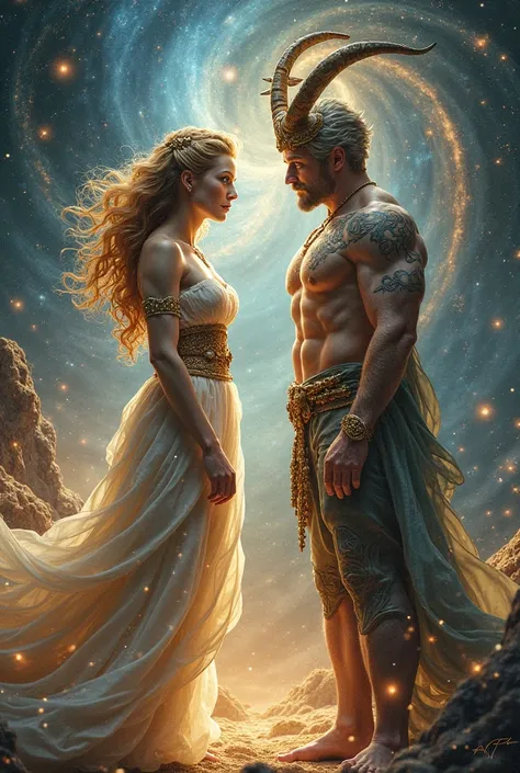 Gemini woman goddess and capricorn man god couple looking at each other defiantly