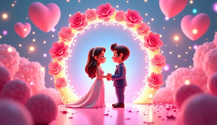 Design a Metaverse marriage ceremony in cute 3D style, where the bride and groom avatars exchange vows in front of a digital wed...