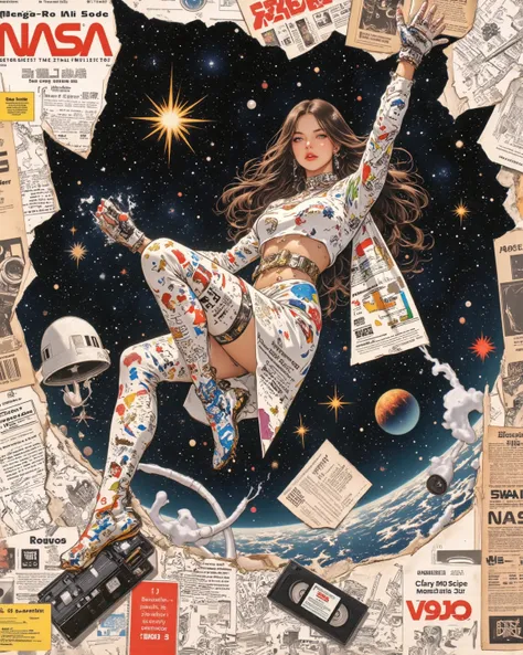 A surreal anime-style collage of a beautiful woman floating in outer space, wearing 70s retro-futuristic fashion, surrounded by ...