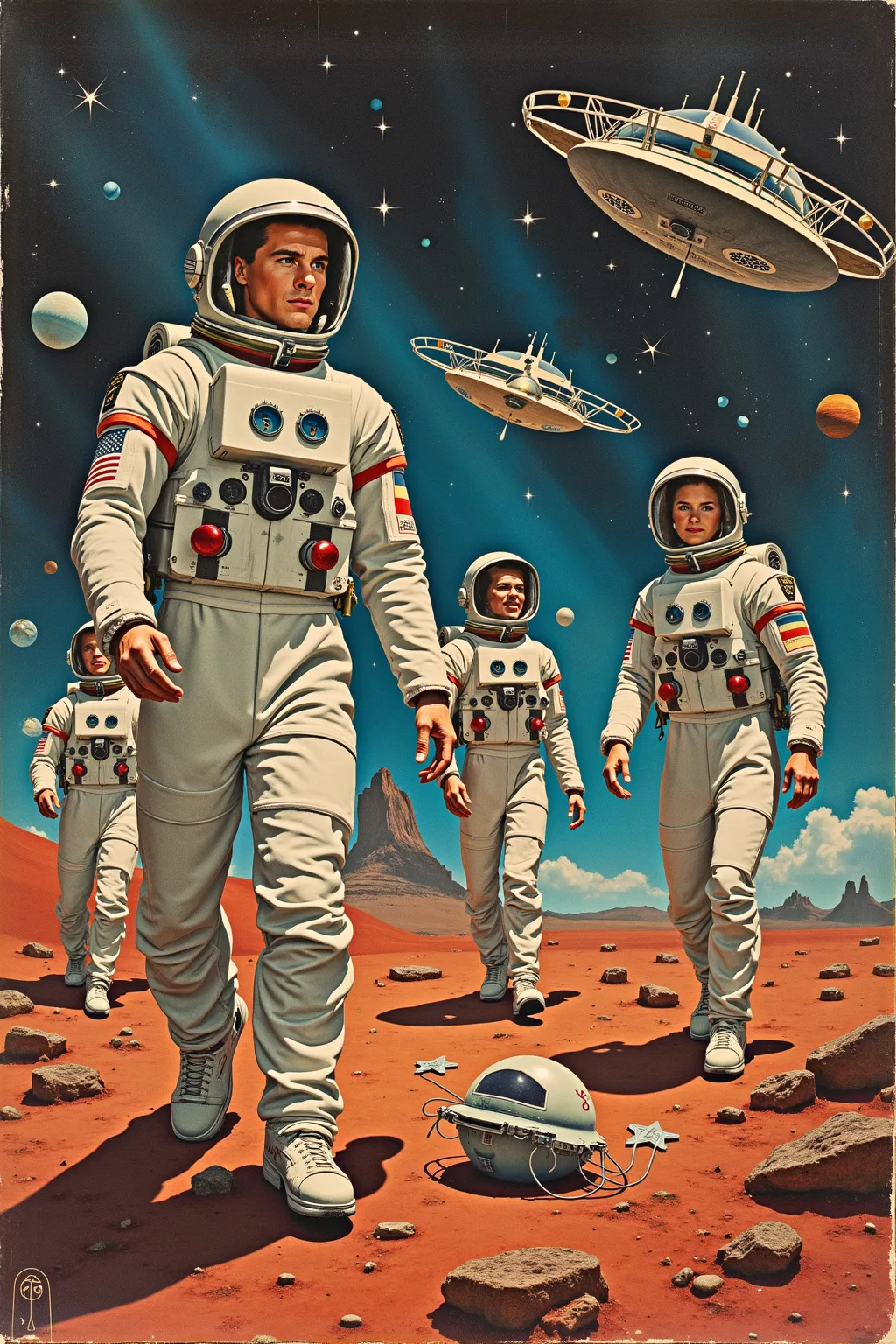 A collage of future space travel made by cutting out pulp magazines、