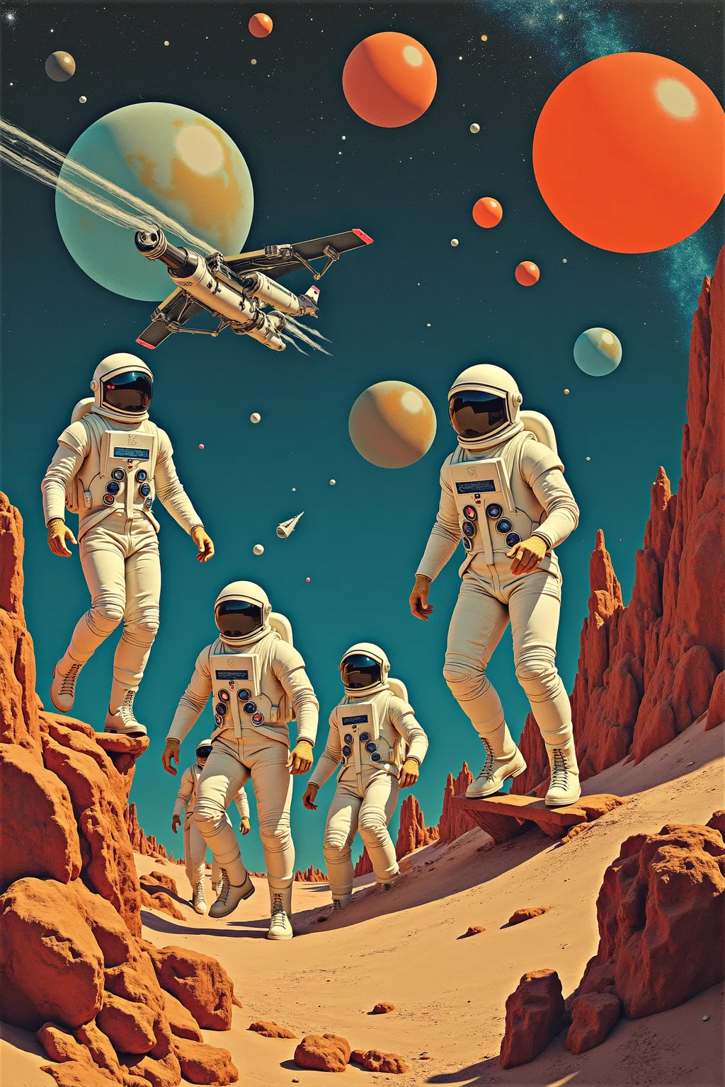 A collage of future space travel made by cutting out pulp magazines、