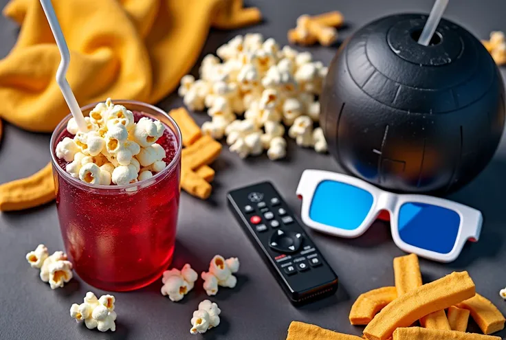 Enjoy the premier TV app at home. Top view of themed decorations for popcorn, soda, 3D glasses, remote control and party. Backgr...