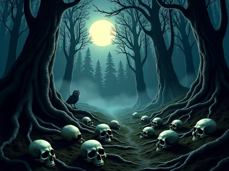 a dark forest in the moonlight full of human skulls