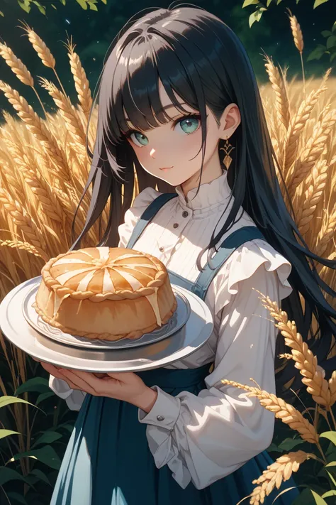 Gal with wheat skin, energetic, black hair, long bangs, petite pie