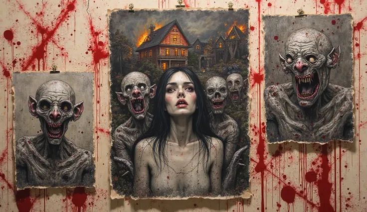 ren’s drawings taped to a wall: twisted, dark figures, a woman with hollow eyes, a burning house, and blood-red scribbles.