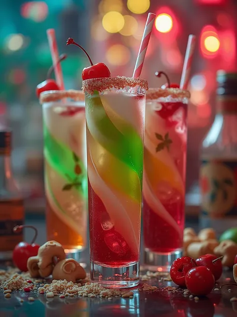 Twisted candy apple shots in sugar-rimmed glasses, layered red and green liquid, topped with maraschino cherries, close-up shot,...