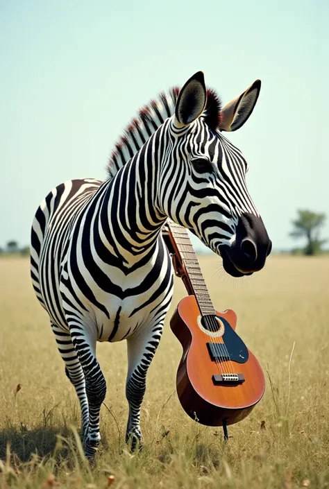 Add a guitar hanging on a belt to the image, on the zebra's neck.