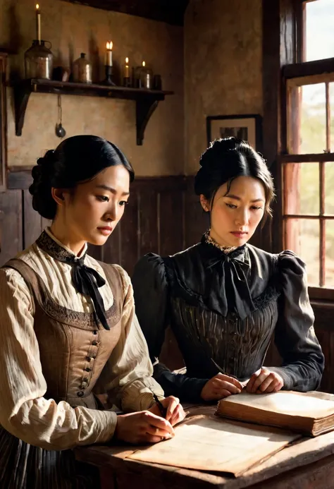 "Illustration of two women in 1880s American West, in an intimate moment but not face to face. The first woman is an Asian-Ameri...