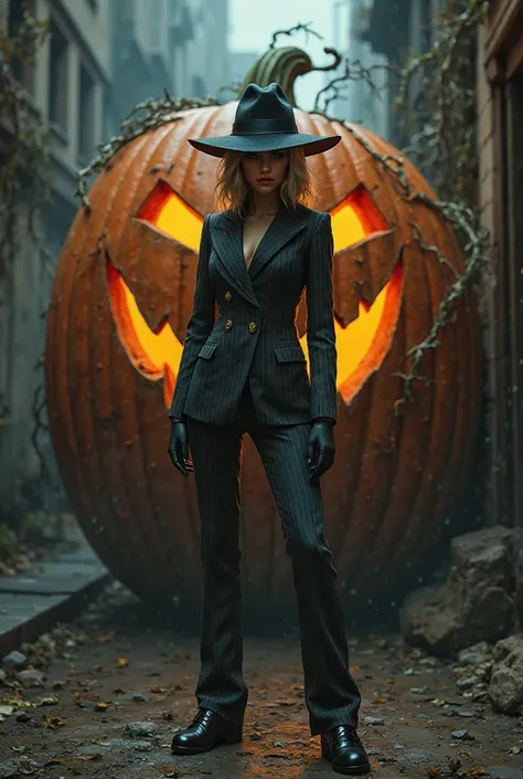 Lady detective by the big pumpkin