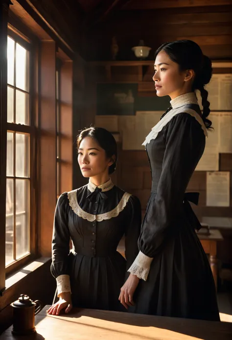 A dramatic 1880s American West scene inside a sunlit one-room schoolhouse. An Asian-American schoolteacher stands in profile, ey...