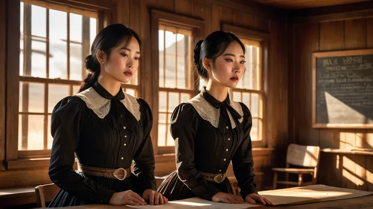 A young East Asian woman dressed in a vintage black dress with a lace collar stands in a warmly lit 19th-century Wild West class...