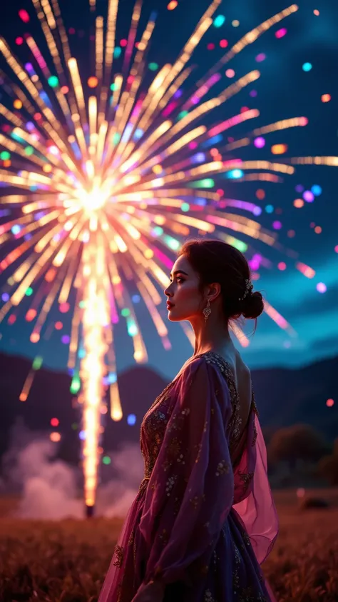 A beautiful scene where giant firecrackers explode and spread rainbow-colored fragments,A woman in an Ardaun dress,top quality,8...