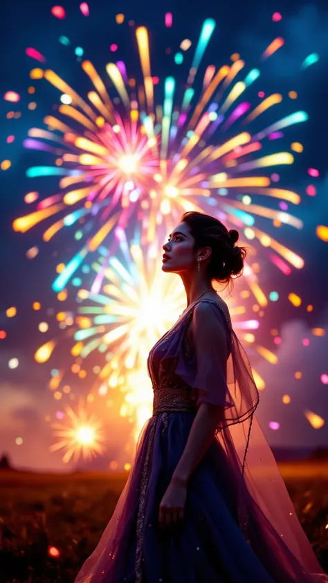 A beautiful scene where giant firecrackers explode and spread rainbow-colored fragments,A woman in an Ardaun dress,top quality,8...