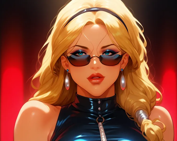 Sav_Bon, blonde hair, blue eyes, long hair, makeup, eyeliner, lipstick, agtsg, sunglasses, rave clothes, cuerpo completo, dancin...