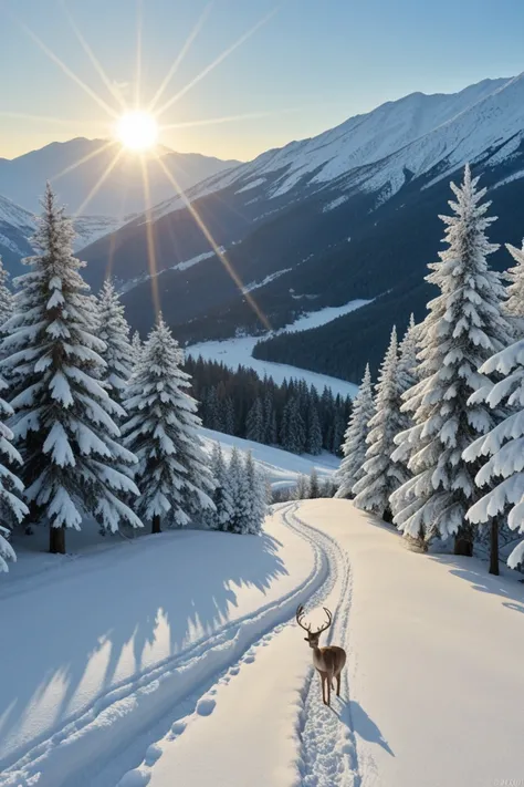 "A wide green valley surrounded by snow-covered mountains. A clear river extends between thick trees. The sky is clear with some...