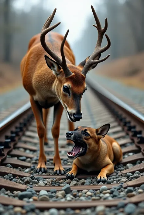 The deer tried to untie the dog's leg that was stuck on the railway track by moving the stone with its antlers and feet and then...
