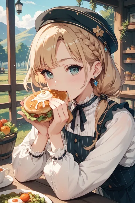 A tough girl eating miso soup on the prairie