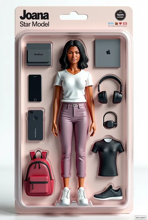 A full-body collectible action figure of a modern young woman, displayed in her original blister packaging. Rendered in a detail...