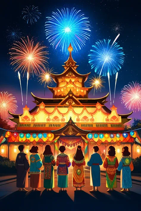 A group of Indian animated friends celebrating Diwali with sparklers, wearing colorful ethnic outfits, surrounded by glowing diy...