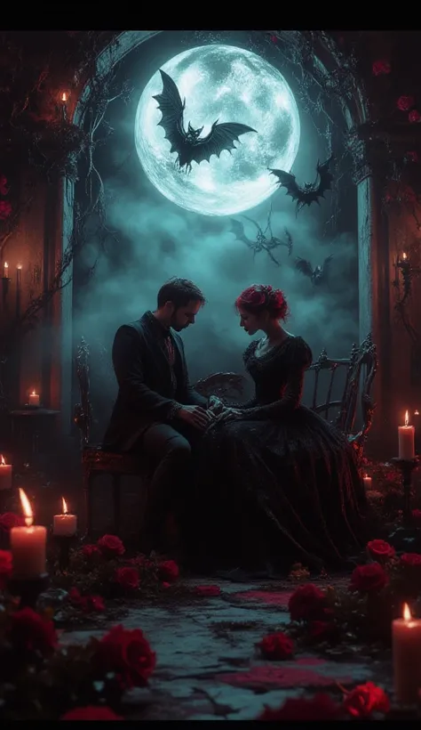 The image is a digital work of art in a Gothic and romantic style that presents a night scene illuminated by the moon. The desig...