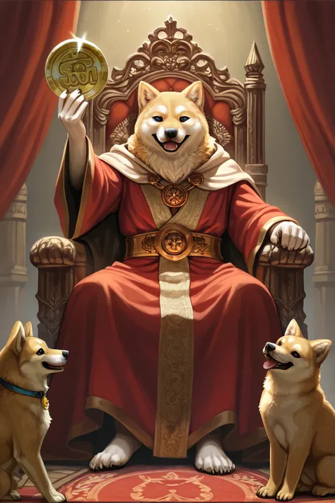The ancestor of meme coins sits on a throne along with bitcoin and solana, with doge coin and shiba coin under his feet, let