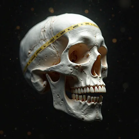 a skull made of white honeycomb floating diagonally at a 45-degree angle in the air, wrapped with translucent polythene and dang...